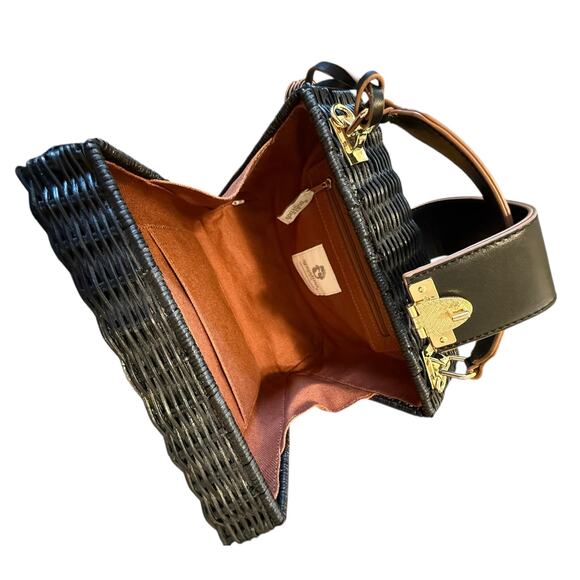 Spartina 449 Black Rattan Box Bag Leather Trim Gold Hardware Top Handle - Picture 5 of 16